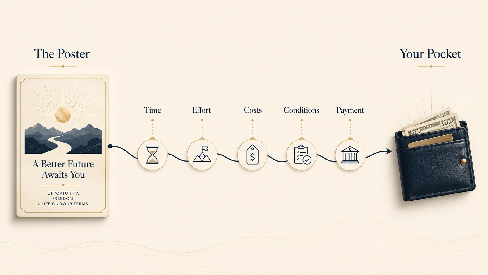 Illustrative Poster-to-Pocket journey showing time, effort, costs, conditions and payment between an opportunity promise and the money that reaches a person's pocket.
