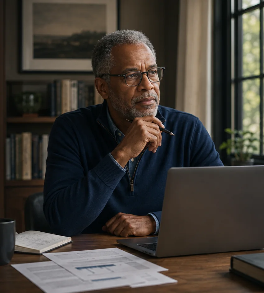 A thoughtful older Black man examining evidence at a desk beside an open laptop.